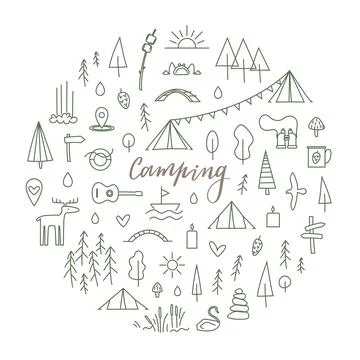 Camp set at round frame, template. Line illustrations with tree, pine, forest Stock Illustration