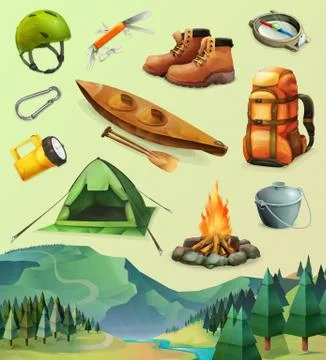 Camp set of vector icons, low poly style Stock Illustration