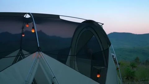 Camp Tent with Lights at Sunset, Mountains, Oregon, Pacific Northwest Stock Footage 341366486