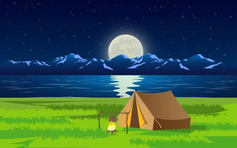 Camp tent at the river in the night Stock Illustration