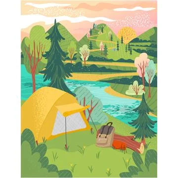 Camp tent vector forest mountain landscape design 库存插图