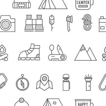 Camp, travel seamless pattern with thin line icon style, flat design. Mountain Illustrazione stock
