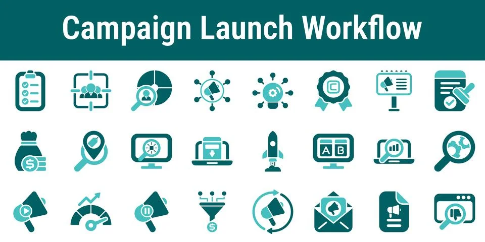 Campaign Launch Workflow Icons set Stock Illustration