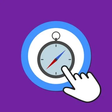 Campass icon. Navigation concept. Hand Mouse Cursor Clicks the Button. Stock Illustration