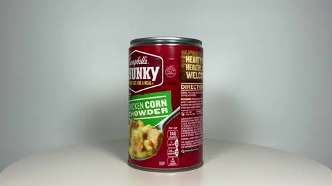 Campbells Chunky Chicken Corn Chowder Soup turning around showing it's entire Stock Footage 156474904