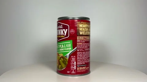 Campbells Chunky Split Pea  Soup turning around showing it's entire label zoo Video stock 156474887