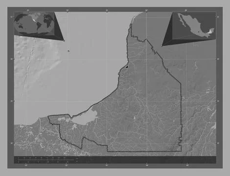 Campeche, Mexico. Bilevel elevation map with lakes and rivers Stock Illustration