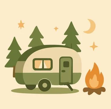Camper and Fire Scene in the Forest Stock Illustration
