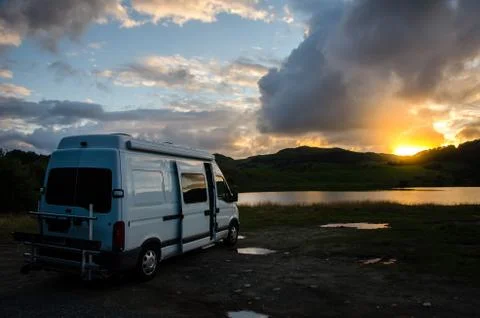 Camper and sunset Stock Photos