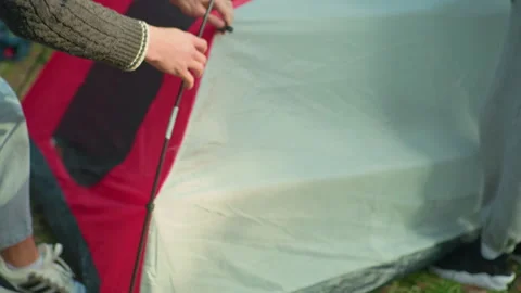 Camper Fixes Tent Peg While Sister Holds Top During Forest Setup Stock Footage 310480632