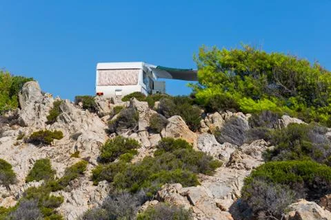 Camper on the Greece cliffs Stock Photos