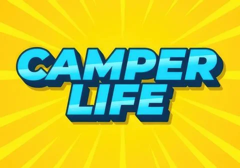 Camper life text in bold blue letters on yellow background Ilustración de archivo