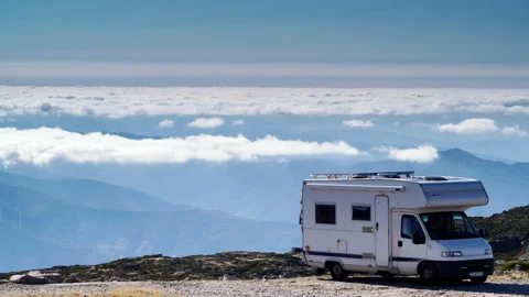 Camper on mountain peak above clouds, Portugal. Timelapse Stock Footage 143573081