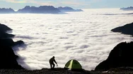 Camper Pouring Hot Drink, On The Top Peaks Of The Italian Dolomites, Italy Stock Footage