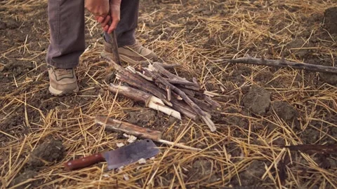 Camper Setting Up Wooden Pole and Firewood for Campfire Stock Footage 346710224