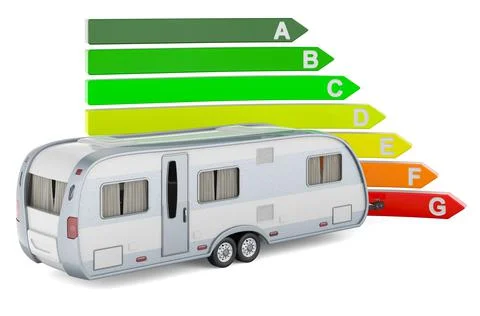Camper trailer with energy efficiency chart, 3D rendering Stock Illustration