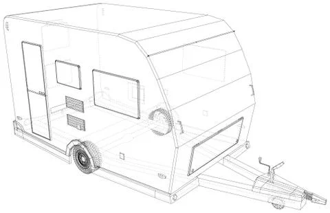 Camper Trailer Isolated. 3D rendering. Wire-frame. The layers of visible and Illustrazione stock