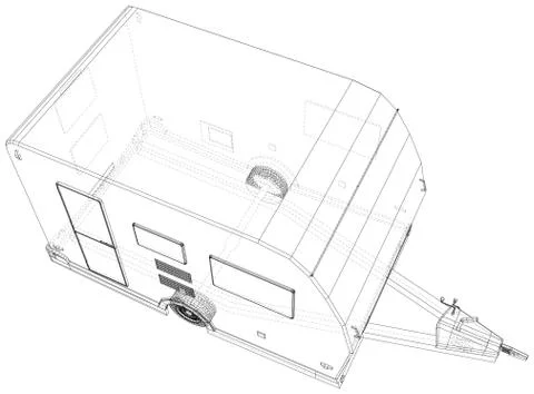 Camper Trailer Isolated. 3D rendering. Wire-frame. The layers of visible and Illustrazione stock