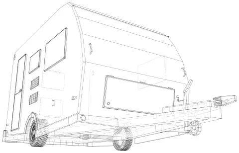 Camper Trailer Isolated. 3D rendering. Wire-frame. The layers of visible and Illustrazione stock