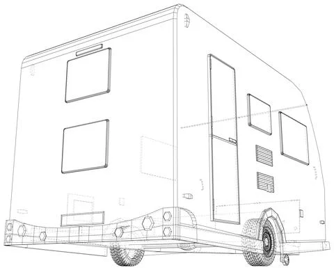 Camper Trailer Isolated. Wire-frame. The layers of visible and invisible lines Illustrazione stock