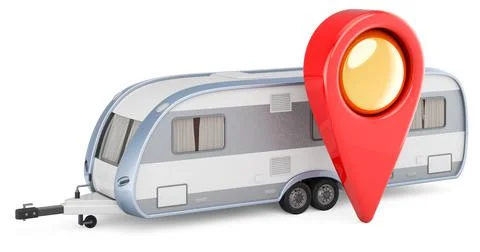 Camper trailer with map pointer. 3D rendering Illustrazione stock