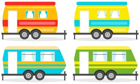 Camper trailers vector set four colorful recreational vehicles caravan Stock Illustration
