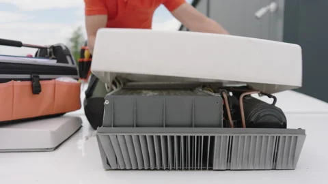 Camper Van AC Unit Installation on Roof Stock Footage 277849779