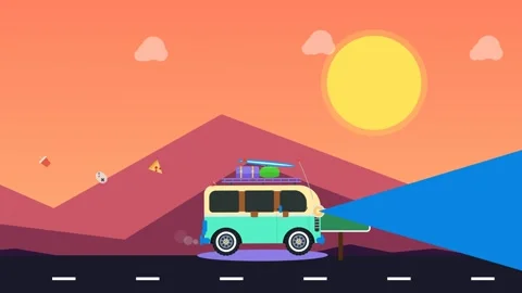 Camper Van Animation Driving At Sunset With Headlights On Video stock 341265090