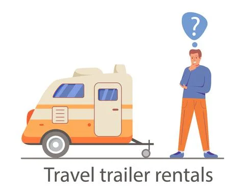 Camper van caravan RV. A man chooses a trailer for travel. Stock Illustration