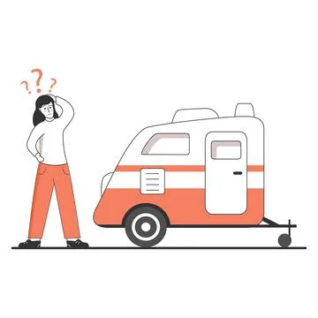 Camper van caravan RV. Young woman chooses a trailer for travel. Stock Illustration