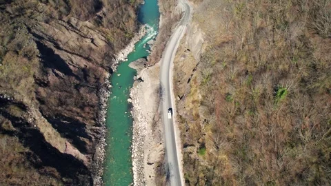 Camper Van Driving in Scenic Mountain Valley, River Side Road, Georgia 4K. Stock Footage 331298628
