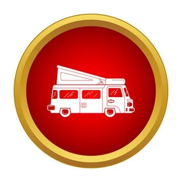 Camper van icon inside red circle badge Stock Illustration