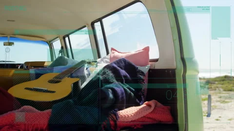 Camper van interior being animated in flat design, showing piled blankets topped Stock Footage 309107469