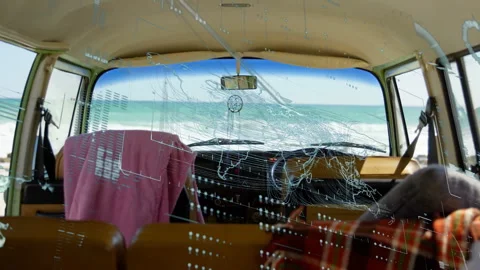 Camper van interior displaying digital map overlay in 3D render, featuring Stock Footage 309097792