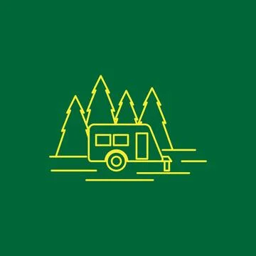 Camper van line with forest pine tree logo design, vector graphic symbol ic.. Stock Illustration