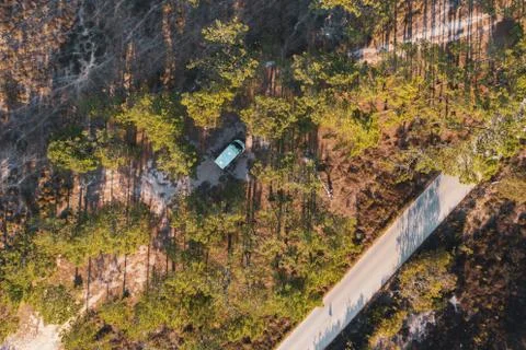 A camper van parked in between the trees. Stock Photos