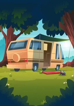 Camper van parked on grass in forest Ilustración de archivo