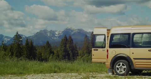Camper Van Parked with Scenic Mountain View Stock Footage 339983183