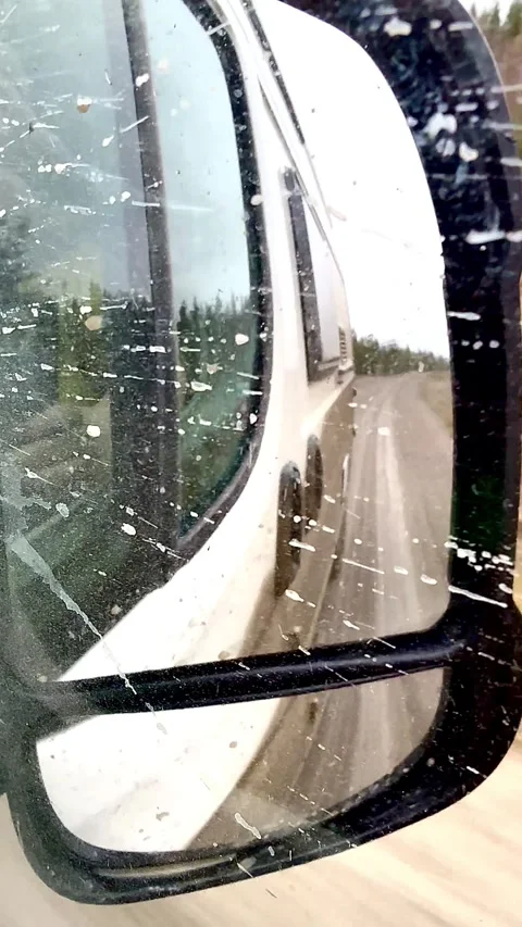 Camper Van Side Mirror Reflection Driving on Dirt Road in Sweden Stock Footage 340461780