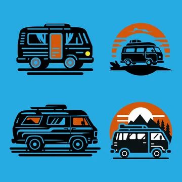 Camper van Silhouette vector on blue background. Ilustración de archivo