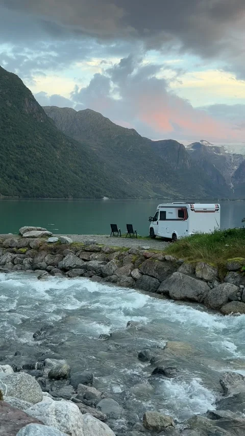 Camper Vans In Oldedalen Valley With Briksdalbreen Glacier View At Sunset Stock-Footage 346972276