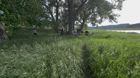 Campers stand under distant trees windy grass Video stock 83689047