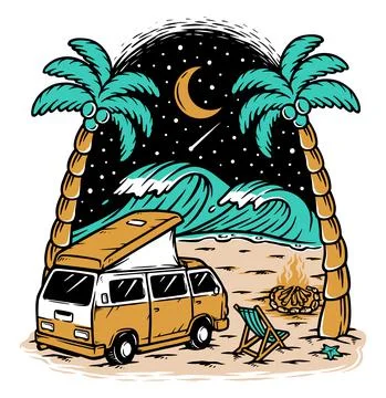 Campervan and beach view at night Stock Illustration