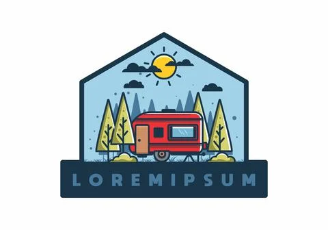 Campervan box with pine trees flat illustration 스톡 일러스트
