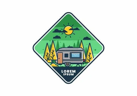 Campervan box with pine trees flat illustration 스톡 일러스트