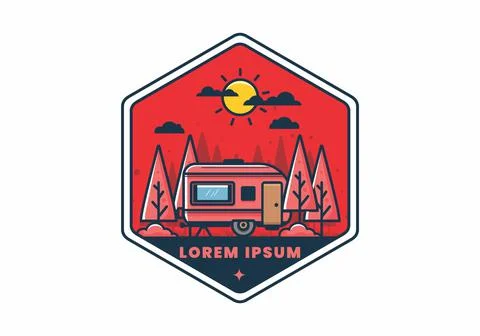 Campervan box with pine trees flat illustration 스톡 일러스트