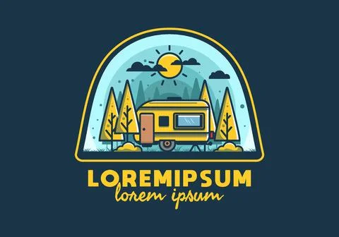 Campervan box with pine trees flat illustration 스톡 일러스트