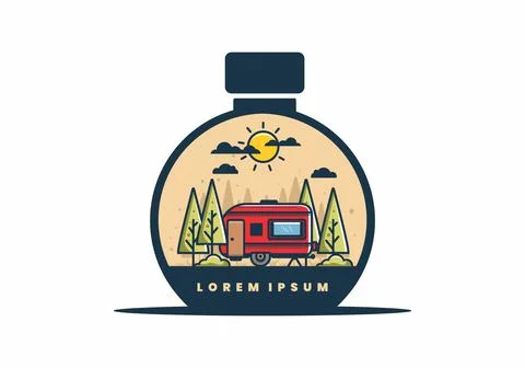 Campervan box with pine trees flat illustration 스톡 일러스트