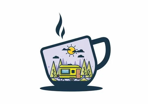 Campervan box with pine trees flat illustration 스톡 일러스트