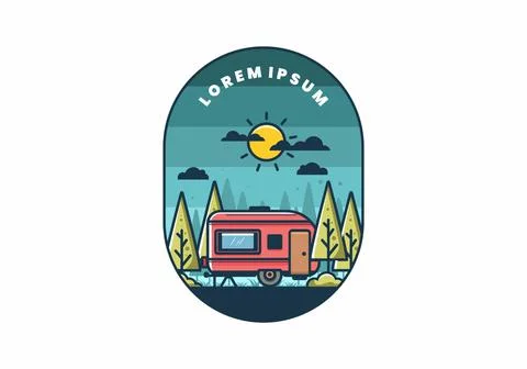 Campervan box with pine trees flat illustration Stock Illustration